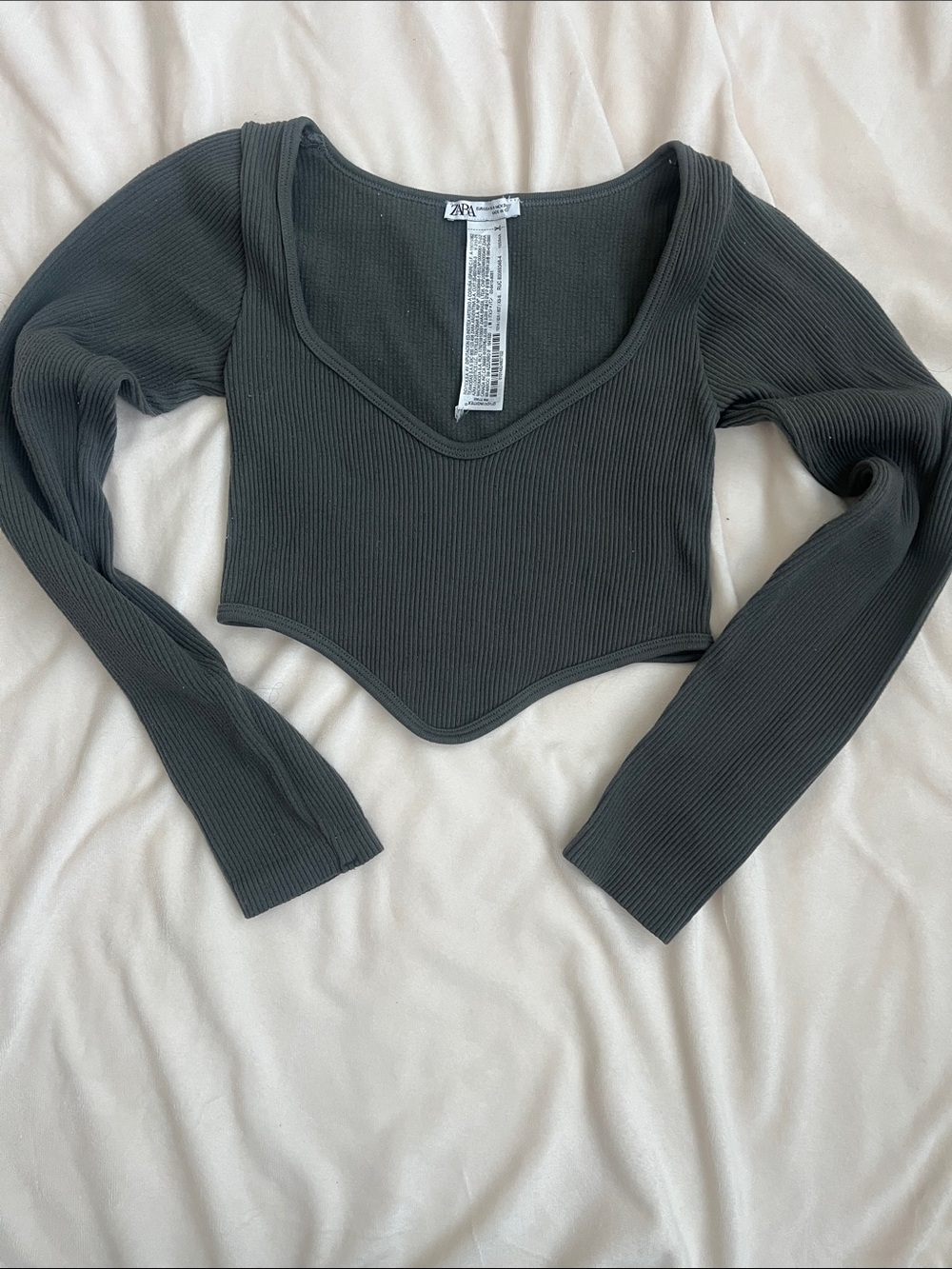 ZARA Dark Charcoal Ribbed V-Neck Long-Sleeve Crop Top XS